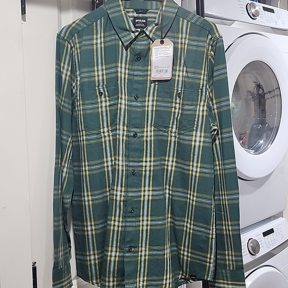 PrAna Men’s Shirt Long Sleeve Dolberg Flannel Soft Pine  Tall Button NWT ST ST